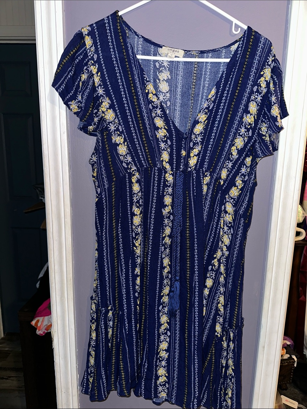 Umgee Navy Mini Dress with Yellow Floral Stripe